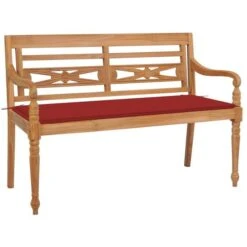 Banc Batavia Avec Coussin Rouge 120 Cm Bois De Teck Massif 2