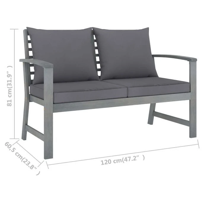 Banc De Jardin 120cm Et Coussin Gris Foncé Bois Solide D'acacia – Image 6
