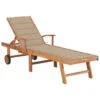 Chaise Longue Avec Coussin Beige Bois De Teck Solide