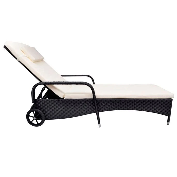 Chaise Longue Avec Coussin Et Roues Résine Tressée Noir – Image 2