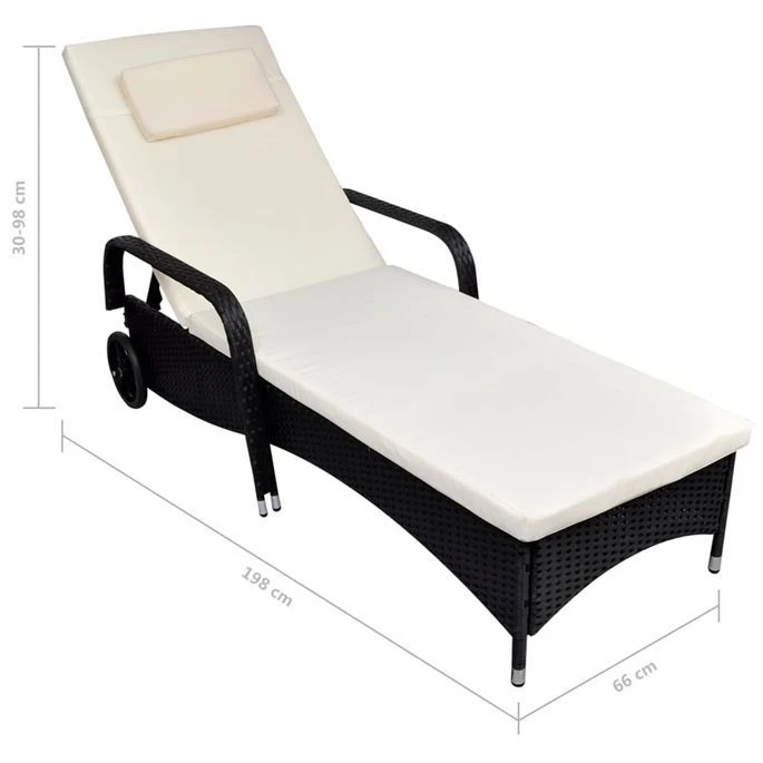 Chaise Longue Avec Coussin Et Roues Résine Tressée Noir – Image 4
