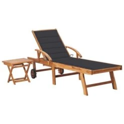 Chaise Longue Avec Table Et Coussin Bois De Teck Solide 3