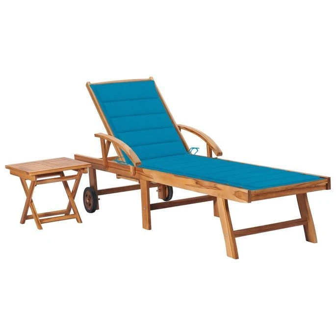 Chaise Longue Avec Table Et Coussin Bois De Teck Solide 9