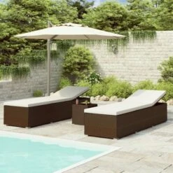 Chaise Longue De Jardin Table à Thé 3pcs Résine Tressée Marron
