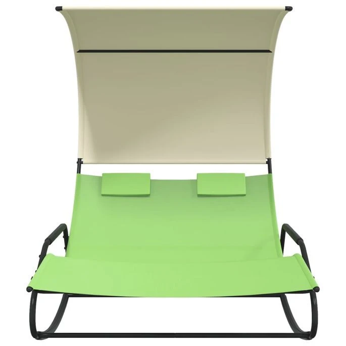 Chaise Longue Double à Bascule Avec Auvent Vert Et Crème – Image 2