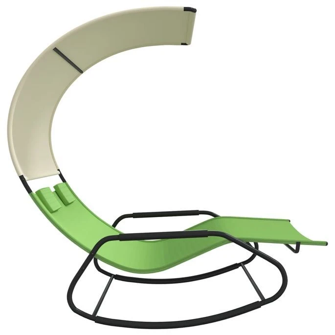 Chaise Longue Double à Bascule Avec Auvent Vert Et Crème – Image 3