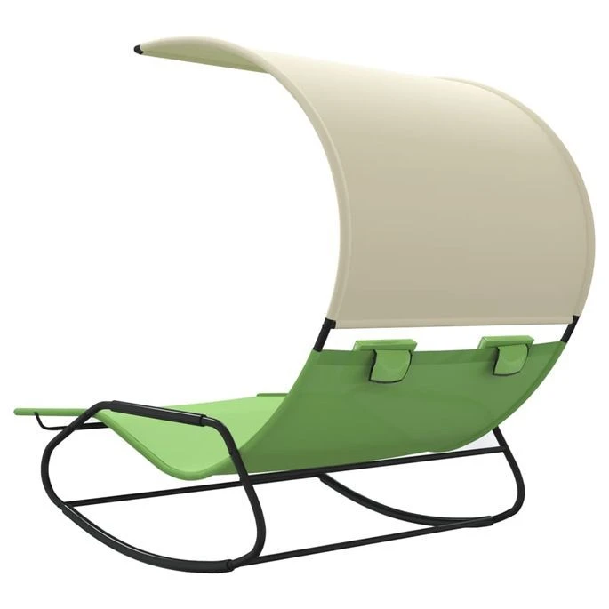 Chaise Longue Double à Bascule Avec Auvent Vert Et Crème – Image 4