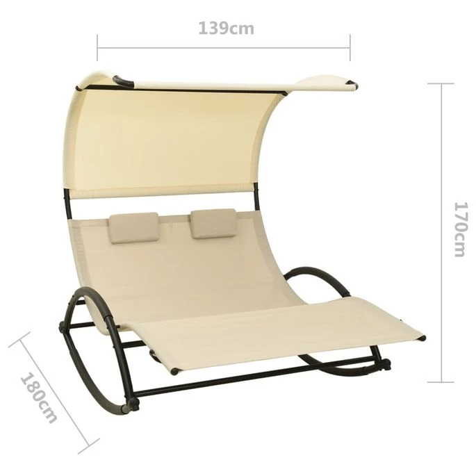 Chaise Longue Double Avec Auvent Textilène Crème 2 – Image 7