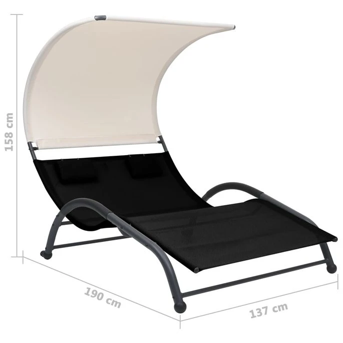 Chaise Longue Double Avec Auvent Textilène Noir – Image 7