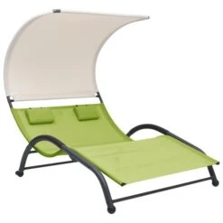 Chaise Longue Double Avec Auvent Textilène Vert