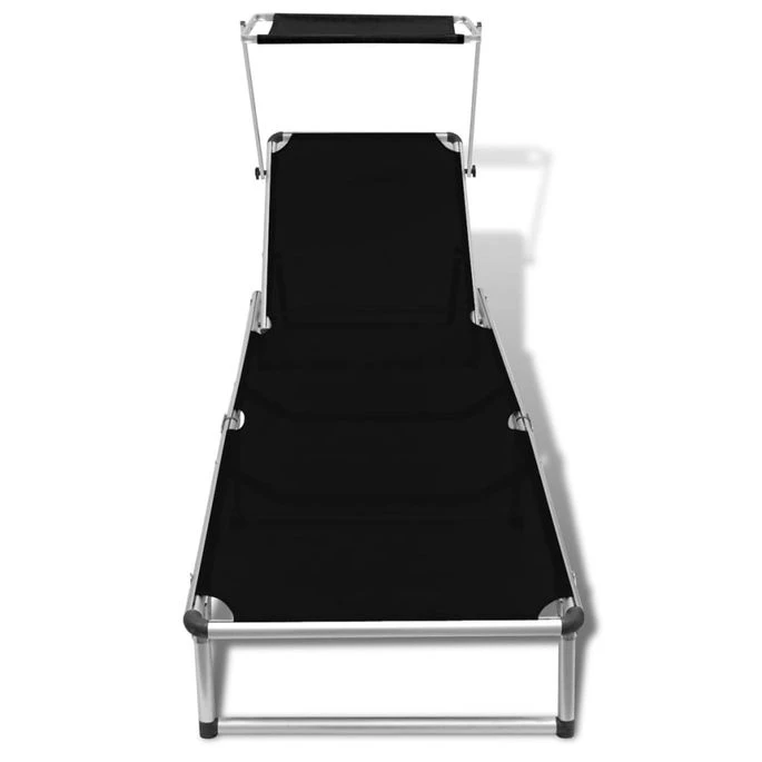 Chaise Longue Pliable Avec Auvent Aluminium Et Textilène Noir – Image 2