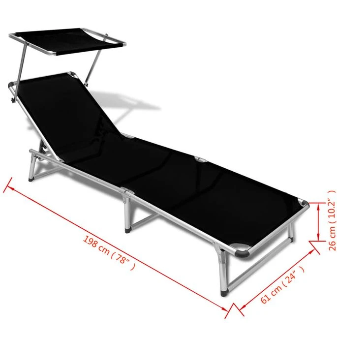 Chaise Longue Pliable Avec Auvent Aluminium Et Textilène Noir – Image 8
