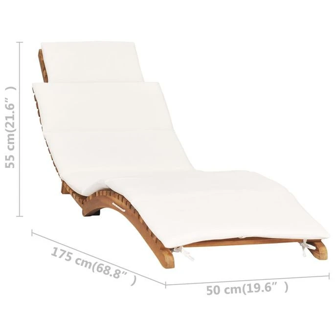 Chaise Longue Pliable Avec Coussin Blanc Crème Bois De Teck – Image 7
