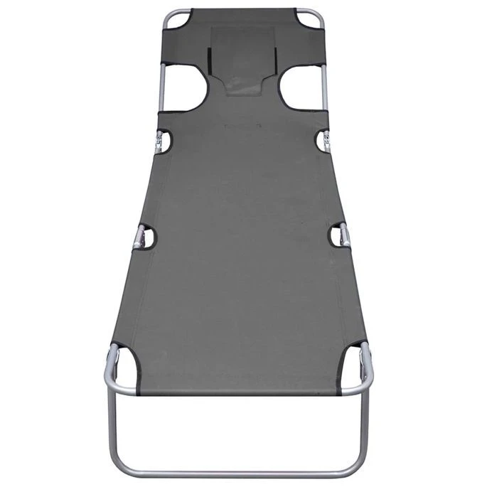 Chaise Longue Pliable Et Coussin De Tête Dossier Réglable Gris – Image 4
