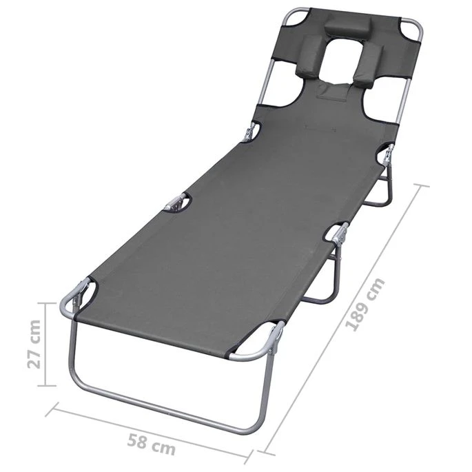 Chaise Longue Pliable Et Coussin De Tête Dossier Réglable Gris – Image 7