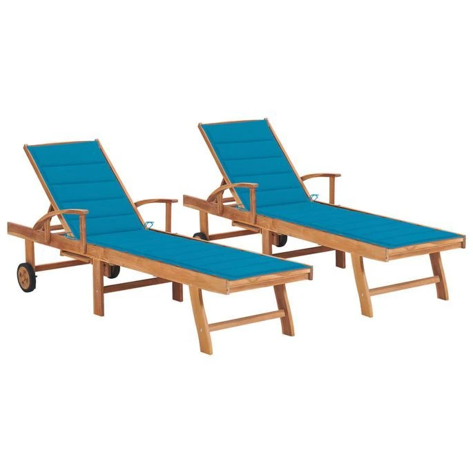 Chaises Longues 2 Pcs Avec Coussin Bleu Bois De Teck Solide