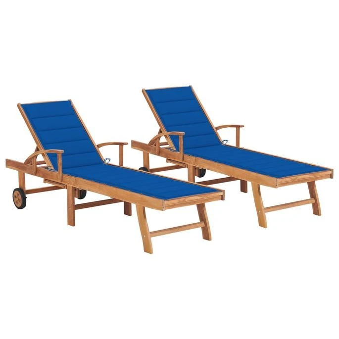 Chaises Longues 2 Pcs Avec Coussin Bleu Royal Teck Solide