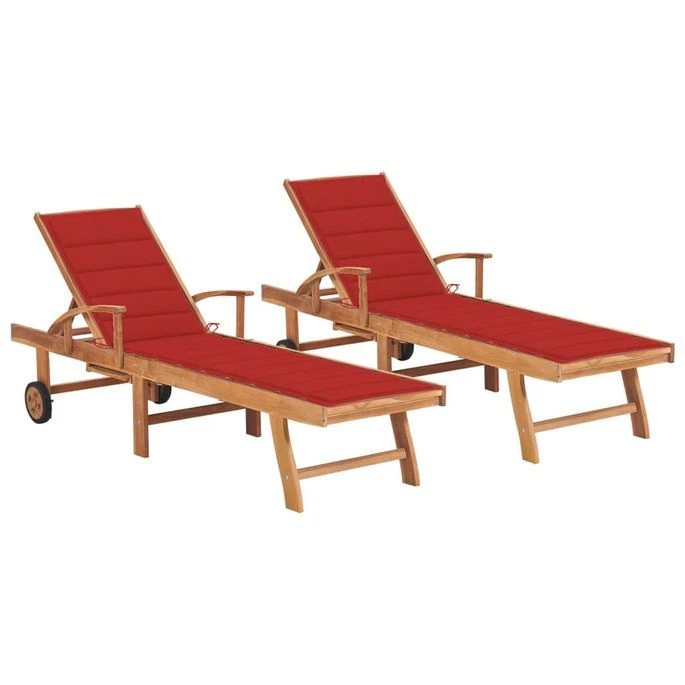 Chaises Longues 2 Pcs Avec Coussin Rouge Bois De Teck Solide