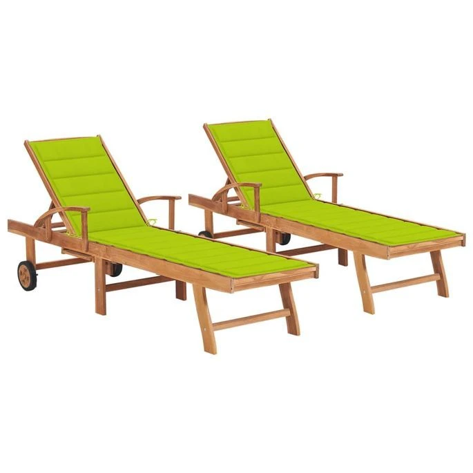 Chaises Longues 2 Pcs Avec Coussin Vert Vif Bois De Teck Solide