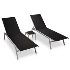 Chaises Longues 2 Pcs Avec Table Acier Et Textilène Noir 2