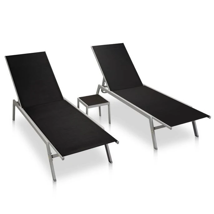 Chaises Longues 2 Pcs Avec Table Acier Et Textilène Noir 2