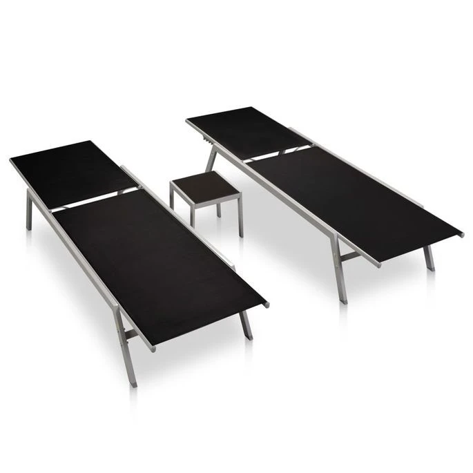 Chaises Longues 2 Pcs Avec Table Acier Et Textilène Noir 2 – Image 2