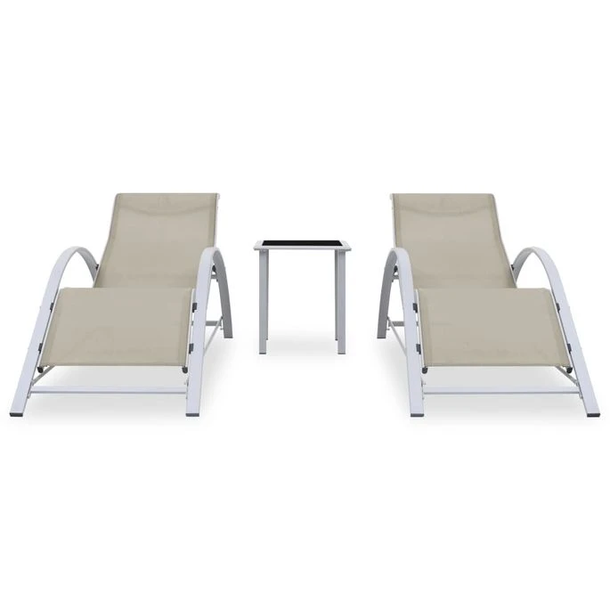 Chaises Longues 2 Pcs Avec Table Aluminium Crème – Image 2