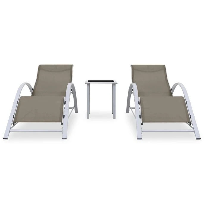 Chaises Longues 2 Pcs Avec Table Aluminium Taupe – Image 2