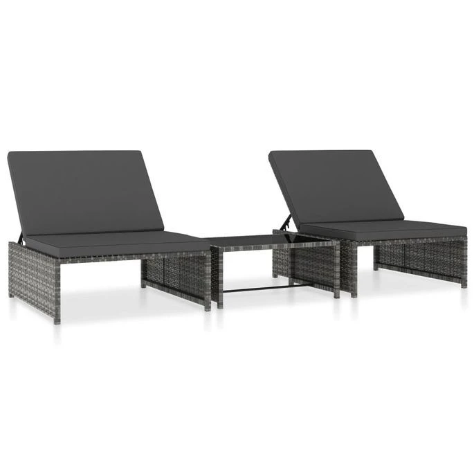 Chaises Longues 2 Pcs Avec Table Résine Tressée Gris 2