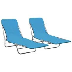 Chaises Longues Pliables 2 Pcs Acier Et Tissu Bleu