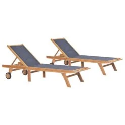 Chaises Longues Pliables Avec Roulettes 2 Pcs Teck Et Textilène