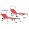 Chaises Longues Pliables Et Toit 2pcs Aluminium Textilène Rouge