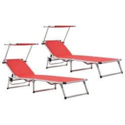 Chaises Longues Pliables Et Toit 2pcs Aluminium Textilène Rouge
