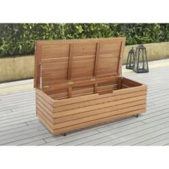 Coffre De Jardin 190L En Bois Exotique D'eucalyptus FSC - 190 L - 48,5 X 109,5 X 37 Cm - Avec Roulettes - Effet Teck