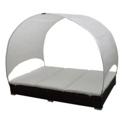 Lit De Jardin Avec Toit Tissu Blanc Et Résine Marron Khoa