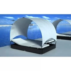 Lit De Jardin Double Résine Tressée Noir Avec Parasol