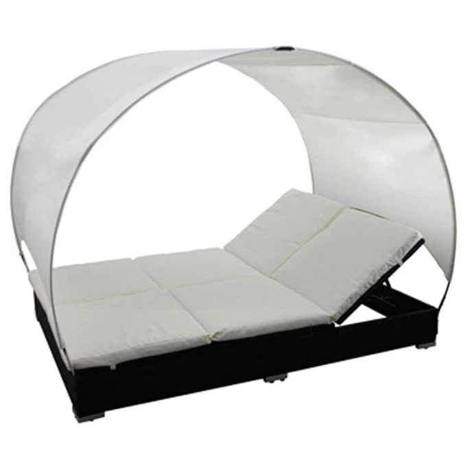 Lit De Jardin Double Résine Tressée Noir Avec Parasol – Image 3