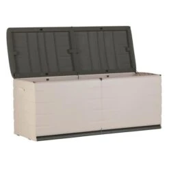 PLASTIKEN Coffre 450L Intérieur/Extérieur Fonctionnel Et Esthétique Cadenassable Avec Roulettes Beige Et Gris Foncé