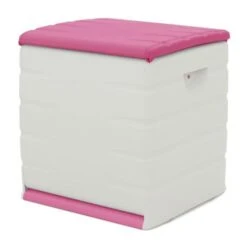 PLASTIKEN Coffre Cadenassable Avec Roulettes - 190 L - Fonctionnel Et Esthétique - Beige Et Fushia