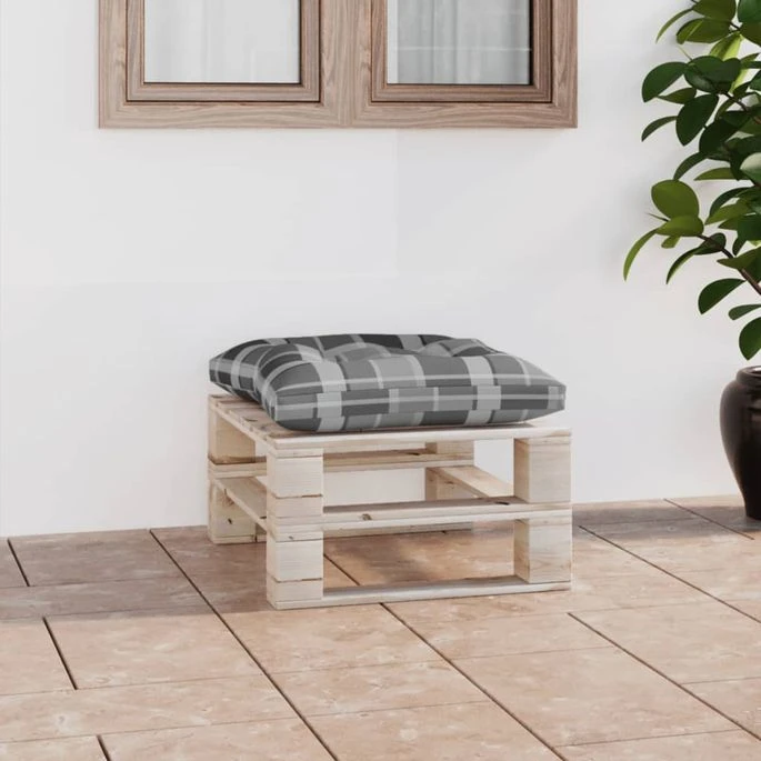 Repose-pied Palette De Jardin Avec Coussin à Carreaux Gris Pin