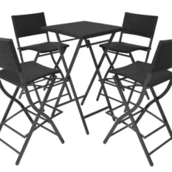 Table Bar Carrée Et 4 Chaises De Jardin Résine Tressée Noir Klark