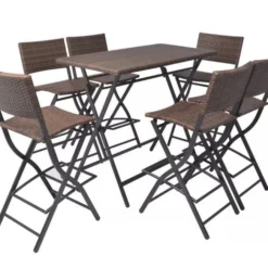 Table Bar Rectangulaire Et 6 Chaises De Jardin Résine Tressée Marron Klark