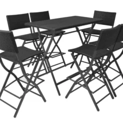 Table Bar Rectangulaire Et 6 Chaises De Jardin Résine Tressée Noir Klark