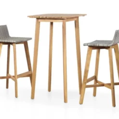 Table De Bar Carrée Et 2 Chaises De Jardin Acacia Massif Clair Et Résine Tressée Gris Vidot