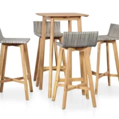 Table De Bar Carrée Et 4 Chaises De Jardin Acacia Massif Clair Et Résine Tressée Gris Vidot