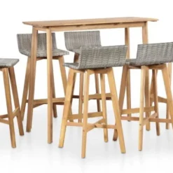 Table De Bar Et 6 Chaises De Jardin Acacia Massif Clair Et Résine Tressée Gris Vidot