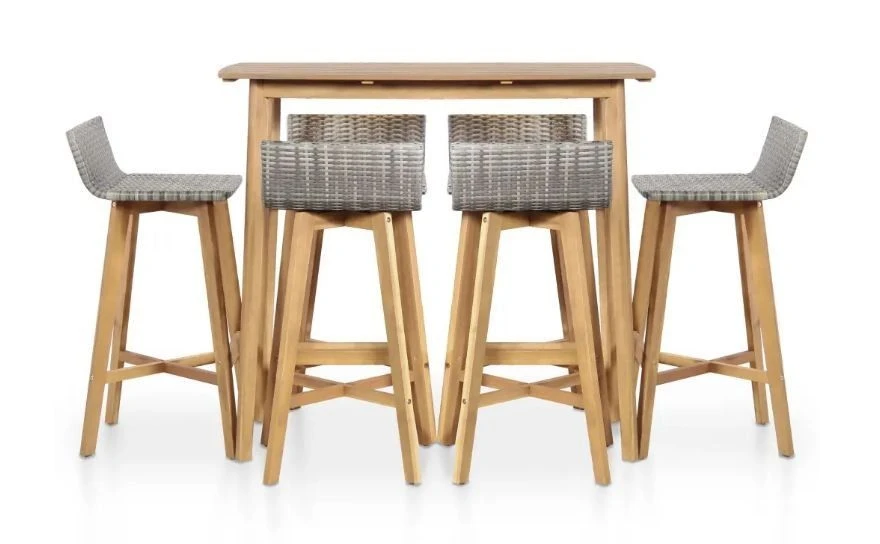 Table De Bar Et 6 Chaises De Jardin Acacia Massif Clair Et Résine Tressée Gris Vidot – Image 3