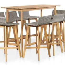 Table De Bar Et 8 Chaises De Jardin Acacia Massif Clair Et Résine Tressée Gris Vidot