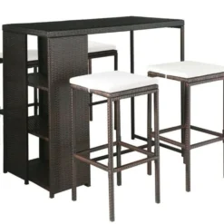 Table De Bar Rectangulaire Et 4 Tabourets De Jardin Résine Tressée Marron Klark