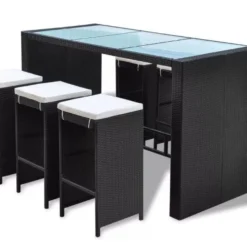 Table De Bar Rectangulaire Et 6 Tabourets De Jardin Résine Tressée Noir Boo